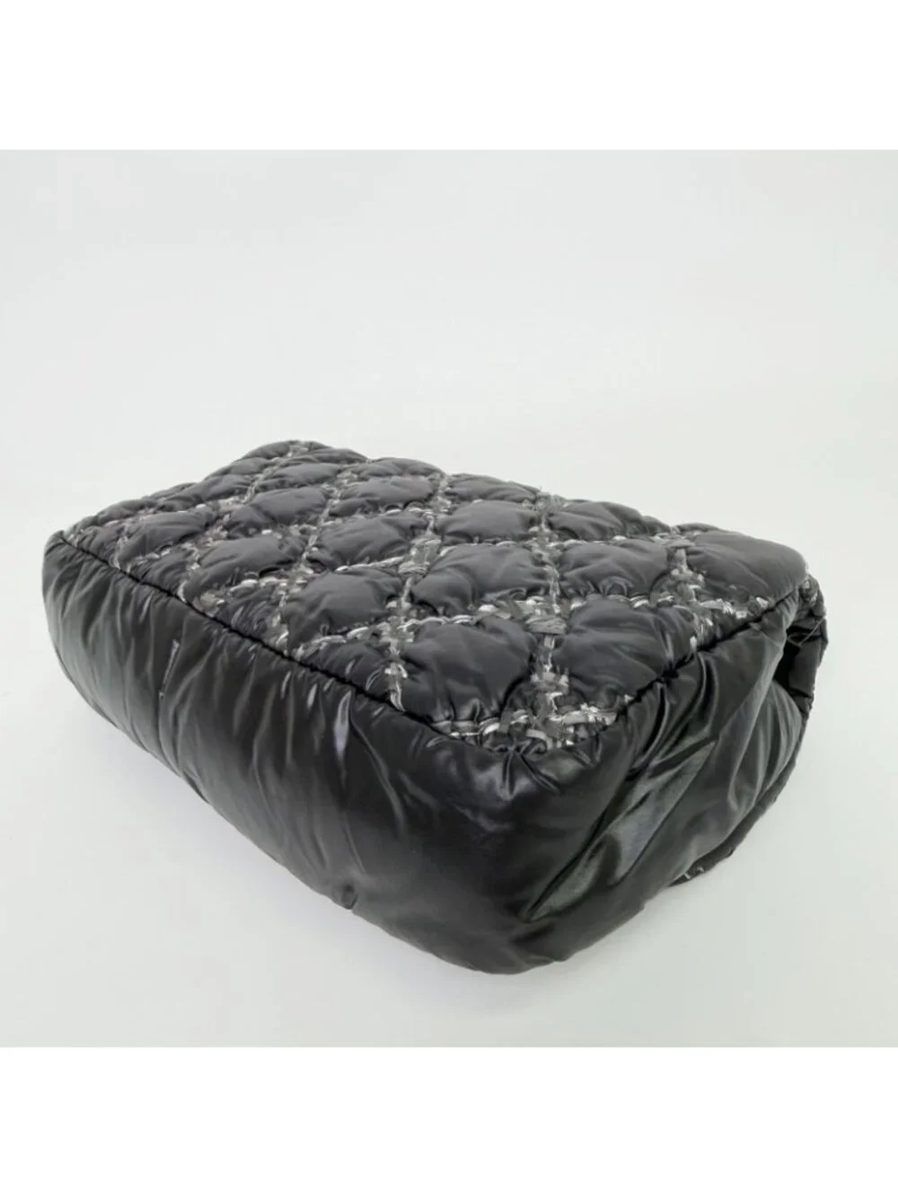 Chanel Quilted Tweed on Stitch Bubble Flap Shoulder Bag Nylon Black Silver Seal